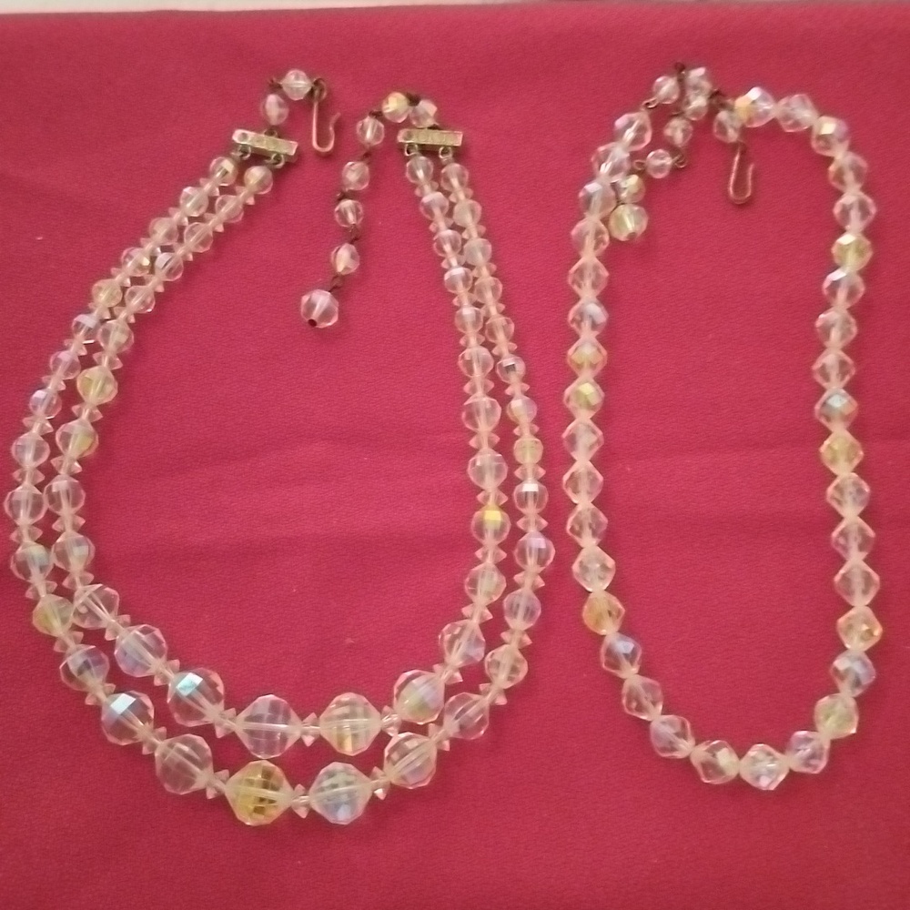 Vtg LOT of 2 AB Rock Crystal Chokers Double Strand and Single Strand